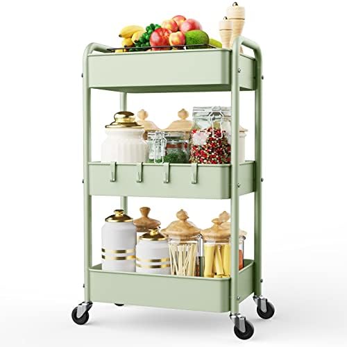 LEHOM 3 Tier Rolling Cart, Metal Rolling Utility Cart with Lockable Wheels by LEHOM