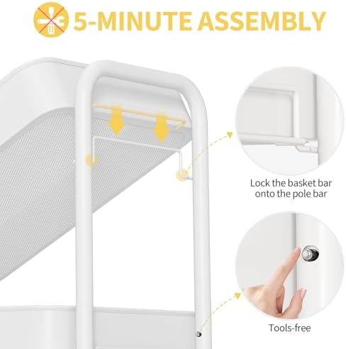 TOOLF 3 Tier Rolling Cart, Metal Utility Storage Cart with Pegboard, White | 2 Bins & 4 Hooks, Screwless Assembly, Lockable Wheels, Trolley Organizer for Bathroom, Kitchen, Office, Dorm, Craft Room - Image 4