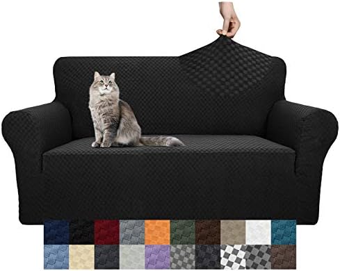 YEMYHOM Couch Cover Latest Jacquard Design High Stretch Sofa Covers for 2 Cushion Couch, Pet Dog Cat Proof Loveseat Slipcover Non Slip Magic Elastic Furniture Protector (Medium, Black) by YEMYHOM