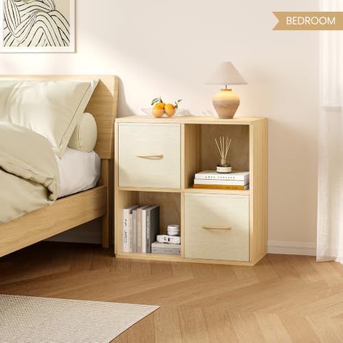 EXPERLAM 4 Cube Storage Organizer - Solid Wood Bookshelf with 2 Storage Bins, Cube Shelf with 2 Removable Back Panels, Vertical or Horizontal Bookcase, Open Book Shelf for Bedroom, Living Room, Office - Image 2
