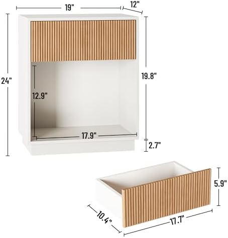 Fluted Nightstands Set of 2, Modern Bedside Table with Drawer and Storage Shelf, Wood End Table Mid Century Night Stands for Bedroom Living Room Sofa Couch Office (White+Oak) - Image 2