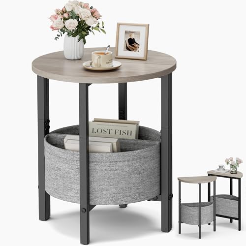 Vagusicc Small Round Side Table End Table, Tall Accent Table with Storage Basket, Set of 2 Half Round Tables Half Moon Tables, Coffee Bedside Tables, Modern Nightstand for Living Room Bedroom, Gray by Vagusicc