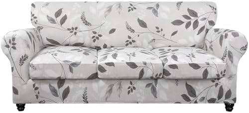 SearchI Stretch Sofa Cover Printed Couch Cover, Floral Pattern 4 Pieces Sofa Slipcover with 3 Separate Cushion Cover, Washable Furniture Protector for Living Room(Sofa, Elegant Foliage) by SearchI
