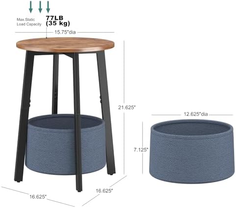 sthmec Small Round Side End Table with Storage Basket, Round Bedside Sofa Couch Coffee Tables for Small Places with Metal Frame, Modern Nighstands for Living Room Bedroom, Rustic Brown - Image 3