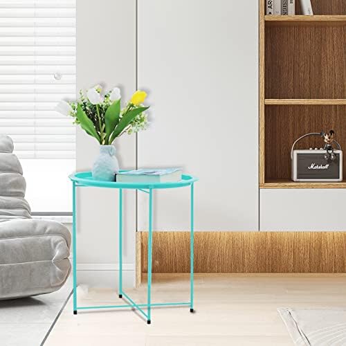 Garden 4 you End Table Metal Side Table Green Round Folding Tray Cyan Sofa Small Accent Fold-able Table, Round End Table Tray, Next to Sofa Table, Snack Table for Living Room and Bed Room - Image 2