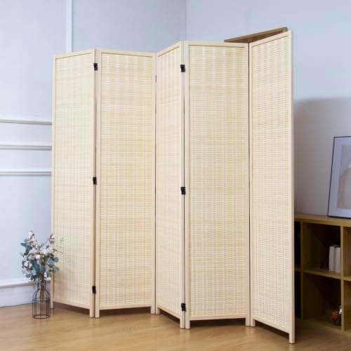 5 Panel Bamboo Room Divider, 5.6 ft Tall Folding Privacy Screen, Freestanding Room Partition Wall in Natural Beige for Home & Office and Room Separation (67" H x 76.8" W) by PawlaBay