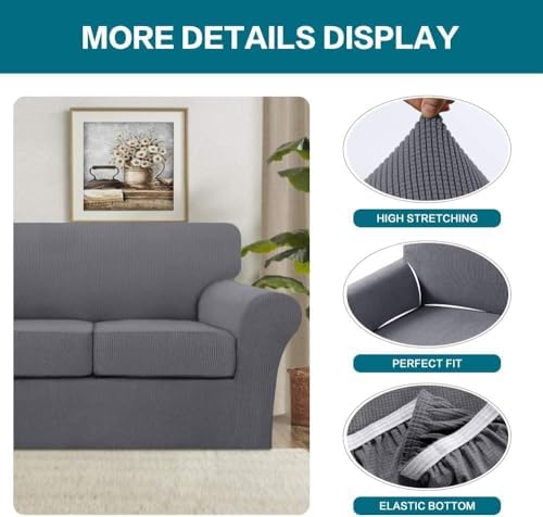Turquoize 4 Piece Sofa Covers for 3 Cushion Couch Sofa Slipcover Soft Couch Cover for Dogs Washable Furniture Cover with 3 Individual Large Cushion Covers Feature Fabric (Large Sofa, Charcoal Gray) - Image 4