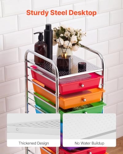 VEVOR Rolling Cart with Drawers, 10 Drawer Storage Organizer, Mobile Utility Cart with Steel Frame, Universal Casters & 2 Brakes, Great for Office, Classroom, Craft Tools, Garage, Studio, Rainbow - Image 4