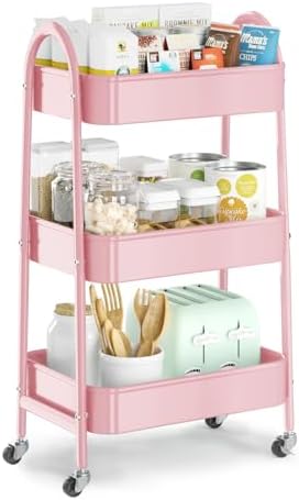 EAGMAK 3 Tier Utility Rolling Cart, Metal Storage Cart with Handle and Lockable Wheels, Multifunctional Storage Organizer Trolley with Mesh Baskets for Kitchen, Living Room, Office, Garage (Pink) by EAGMAK