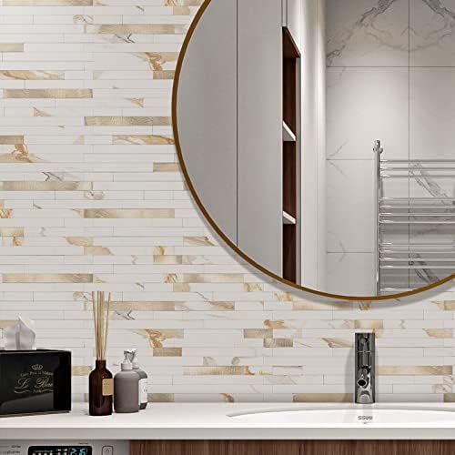 STICKGOO 20 Sheets Peel and Stick Backsplash Tile, Stick on Backsplash for Kitchen and Bathroom, Calacatta Gold Marble Look PVC Mixed Gold Self Adhesive Wall Tiles - Image 2