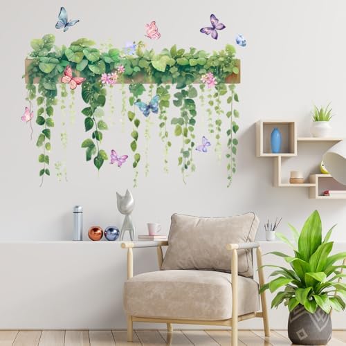 Hanging Green Vine Wall Decals,Succulent Plants Wisteria Floral Flowers Butterflies Birds Wall Stickers, Self-Adhesive Vinyl Removable Living Room Sofa TV Wall Decor by ZARROUEA