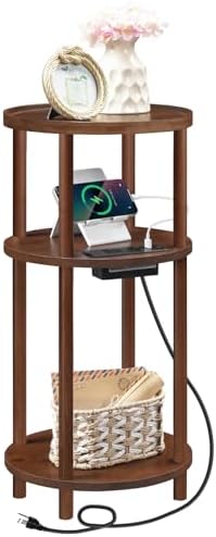 HOOBRO Small Round Side Table with Charging Station, 3-Tier Round Bamboo End Table, Compact Sofa Bedside Table for Small Space, Easy Assembly, for Living Room, Bedroom, Apartment, Mocha MA152UBZ01 by HOOBRO