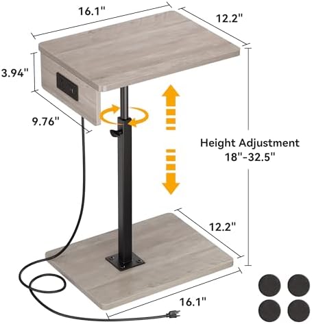 C Shaped End Table with Charging Station, Adjustable Height C Table End Table, 360°Swivel TV Tray Table for Small Spaces, Rounded Corners Couch Table, Side Tables Living Room for Sofa,Chair,Snack,Bed - Image 3
