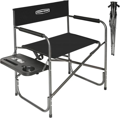 YOUNG WOOD Camping Directors Chair, Lightweight Oversized Portable Folding Chair with Side Table and Storage Pockets for Outdoor Camping, Lawn, Picnic and Fishing, Supports 400lbs (Black) by Unknown