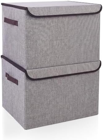 Bagnizer Large 42 Quarts Fabric Storage Bins with Lids [2-Pack] Linen Collapsible Foldable Storage Cubes, Closet Organizer Containers boxes with Handles for Home Office (16.7 x 12 x 12, Gray) by Bagnizer