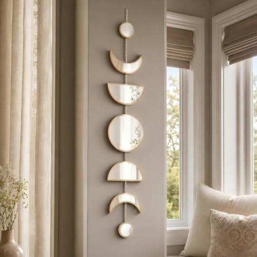 7 Pcs Gothic Witchy Moon Phase Wall Decor, Acrylic Mirror Wooden Backboard, Celestial Boho Hanging Wall Art for Home Bedroom Decor by HMANGE