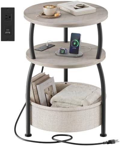 Round Side Table with Charging Station, USB Type C Port, Greige by designyourhome