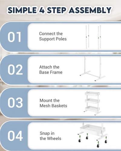 ZOES HOMEWARE 3 Tier Metal Rolling Cart by T-Frame Design on Wheels,White - Image 5