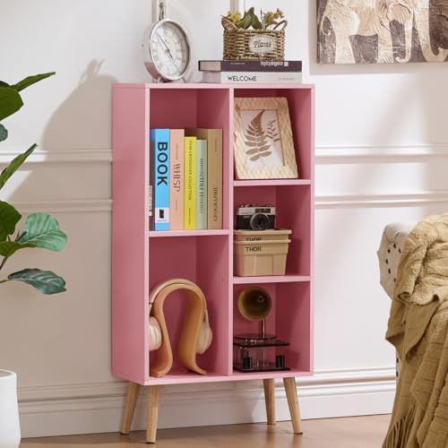LEYAOYAO 5 Cube Bookshelf,Mid-Century Modern Bookcase with Legs,Light Pink - Image 6