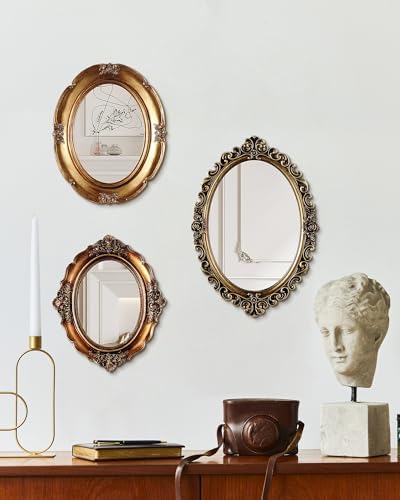 Wonderjune 3 Pcs Vintage Gold Mirror Set for Wall Decorative Resin Frame Ornate Antique Hanging and Tabletop Mirror for Home Dresser Gallery Decor Photography Props Gift (Retro Style) - Image 4