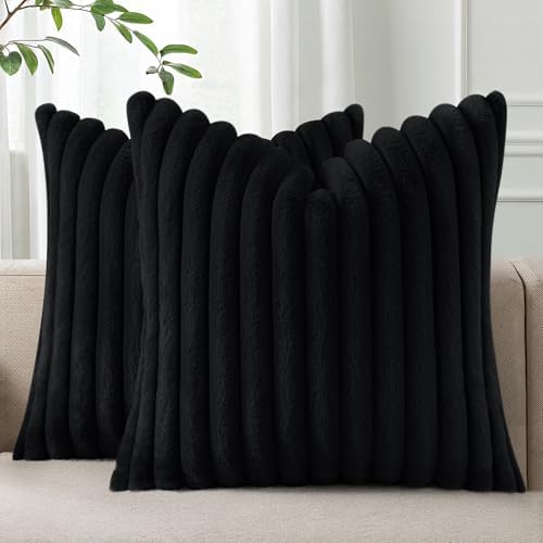 Pallene Faux Fur Decorative Throw Pillow Covers 22x22 Set of 2, Black by PALLENE