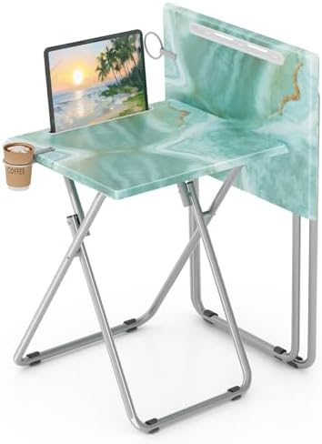 TV Trays Table Set of 2 Portable Folding TV Tray Table TV Dinner Tray with Sturdy MDF, Small Folding Tables with Phone & Tablet Slot, No Assembly Required, 15 x 18.9 x 25.6 in (Sea Blue Marble, 2Pcs) by Fleecy+day