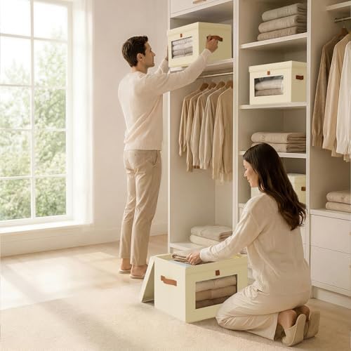 Homsorout Storage Bins with Lids - Front Opening Storage Box with Clear Window & Handles, Stackable Foldable Fabric Bins for Closet Organization, Clothes, Sweaters, Towels, Blankets, 3 Pack, Beige - Image 6
