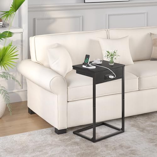 sthmec C Shaped End Table with Charging Station,45° Tiltable Adjustable Flip Top Side Table Set of 2,Small C Table Set 2 for Small Spaces,Slide Under Couch Sofa Bedside Table Living Room, Black - Image 6