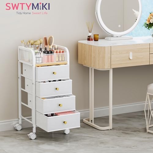 SWTYMIKI Rolling Makeup Organizer Cart - Under Desk Vanity Makeup Storage with 4 Non-woven Drawers, Nail Cart Organizer Cosmetic Display Cases Cabinet for Skin Care Perfume Nail Polish Brush Hair Tool - Image 5