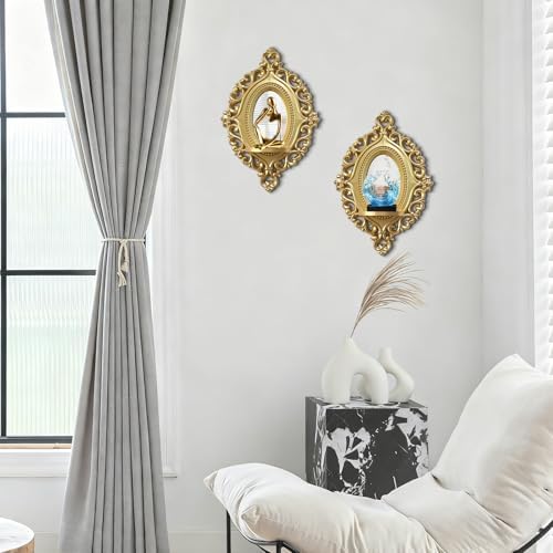 2 Set Vintage Candle Wall Sconce for Home Decor Living Room Bedroom Office Wood Antique Mirrored Victorian Mounted Candlestick Wall Holder Relief Hanging Decor -Gold 11.8in - Image 6