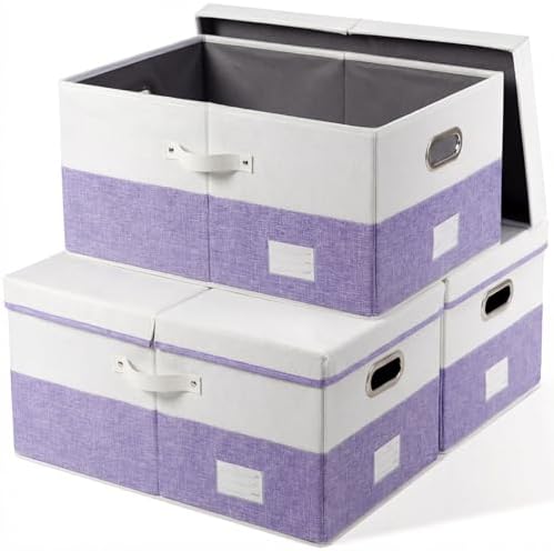 PRANDOM Storage Bins with Lids [3-Pack] Linen Fabric Foldable Storage Boxes Organizer Containers Baskets Cube with Cover for Bedroom Closet Office White&Purple (23.4X15.9X11.4) by Prandom