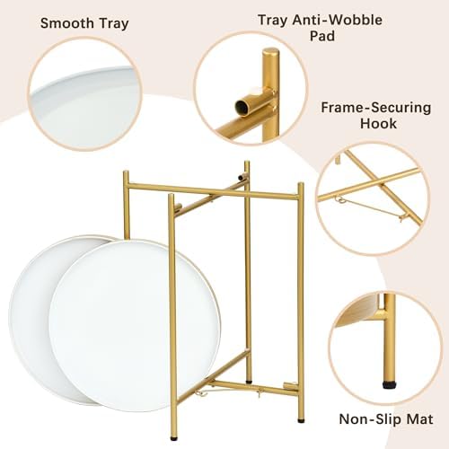 2-Tier Round End Side Table, Small Metal Side Table with Removable Tray, Folding Accent Tables for Living Room, Balcony, Nightstand for Bedroom, Outdoor Tables for Patio, Gold&White - Image 4