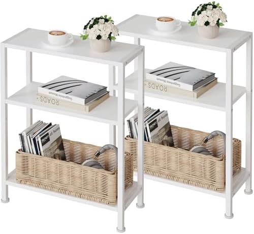 3-Tier Side Table Set of 2, Small End Table, Sofa Side Table for Narrow Spaces, Slim End Table, Nightstand Table, for Living Room Bedroom Office, White by VANTIMO