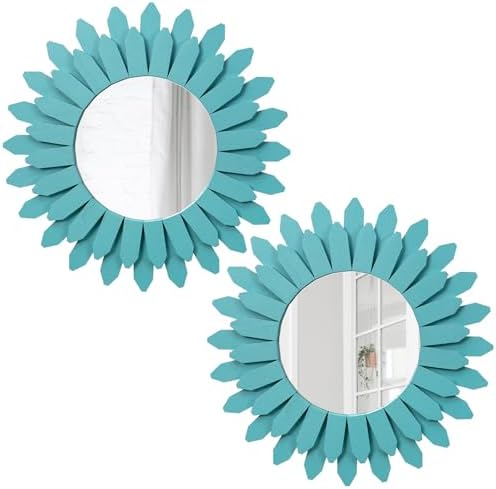 Honiway Beach Wall Decor Mirror 2 Pack 12 inch Wood Coastal Wall Decor Sunburst Boho Home Decor Room Decor for Bedroom Living Room Entryway Cyan by Honiway