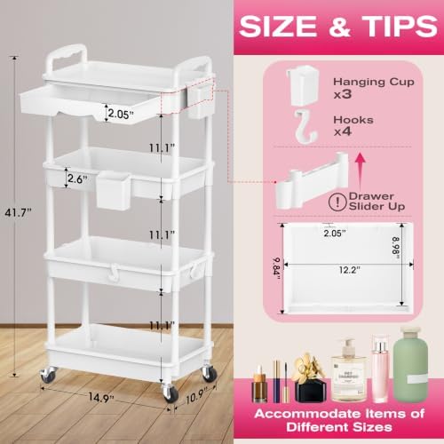 Goovilla Rolling Makeup Organizer Cart with Removable Drawer, 4 Tier White - Image 2