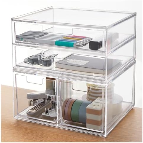 STORi Stackable Desk Organizer Drawers, Clear Pen Pencil Makeup Brush Holder for Desktops and Vanities, 4 Multi-size Drawers (Made in USA) by STORi
