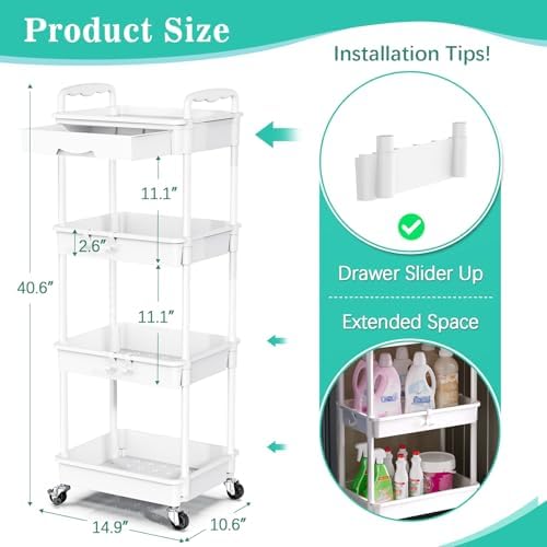 SUNALLY 4 Tier Rolling Cart with Drawer, Craft Storage Cart Organizer,White - Image 2