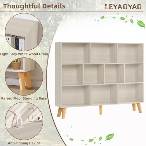LEYAOYAO 10 Cube Bookshelf,Mid-Century Modern Bookcase with Legs,Light Grey - Image 4