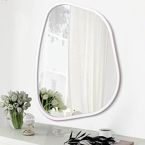 Irregular Oval Wall Mirror Large White 20"x16" Inches Asymmetrical Mirror Modern Wood Frame Unique Shape Wall Mounted Vanity Artistic Mirror Decor for Living Room Bedroom Bathroom Entryway by HLFMVWE