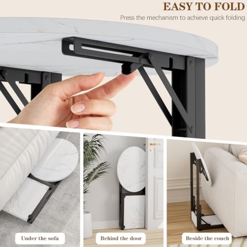 Folding Side Table, C Shaped End Table with Metal Frame, Round Couch Table & Slide Under Sofa TV Tray Table for Living Room, Bedroom, Small Spaces (Marble White) - Image 5
