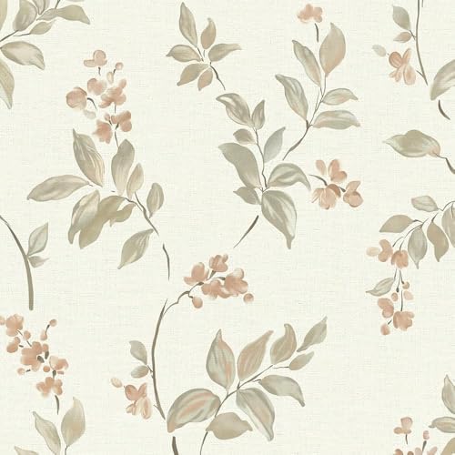 Vinjiasin Floral Peel and Stick Wallpaper Beige Contact Paper Self Adhesive Removable Vintage Flower Leaves Wallpaper for Bathroom Bedroom Living Room Wall Paper 16.1"x 197" by Vinjiasin