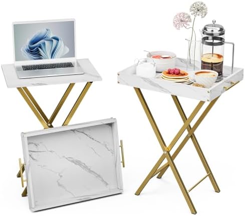 Folding TV Tray Tables, Set of 2 Side Table for Small Place, Snack Eating Tables at Couch, Folding Tables with Removable Serving Tray, Portable End Table Easy Assembly by HMFOR