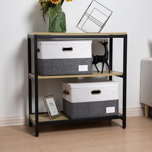 PRANDOM Foldable Storage Bins with Lids [3-Pack] Fabric Collapsible Storage Boxes Baskets Cubes Containers with Handles for Closet Living Room Bedroom (Grey & White 17.7x11.8x11.8'') - Image 3