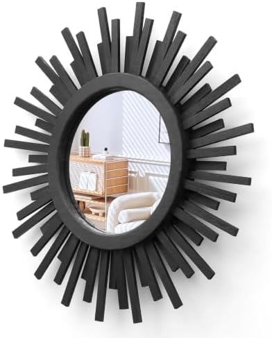 18 Inch Boho Sunburst Mirror, Round Wooden Wall Decor Starburst Sun Mirror for Bedroom, Living Room, Bathroom, Hallway, Balcony, Farmhouse Entryway, Housewarming Gift（Black by Makelifemorewonderful