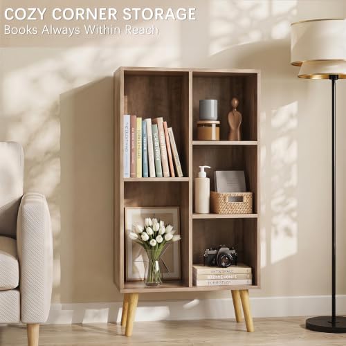YAHARBO Small Yellow Narrow Bookshelf,4 Tier Modern Bookcase with Legs,Bookshelves Wood Storage Shelf,Rustic Book Shelves Cube Organizer,Display Bookcase - Image 5