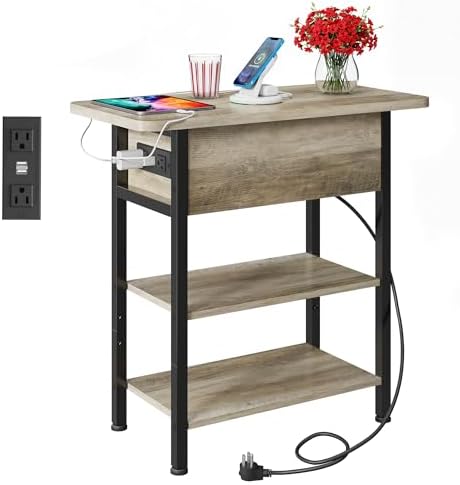 WLIVE 3-Tier End Table with Charging Station Flip Top Narrow Nightstand by WLIVE