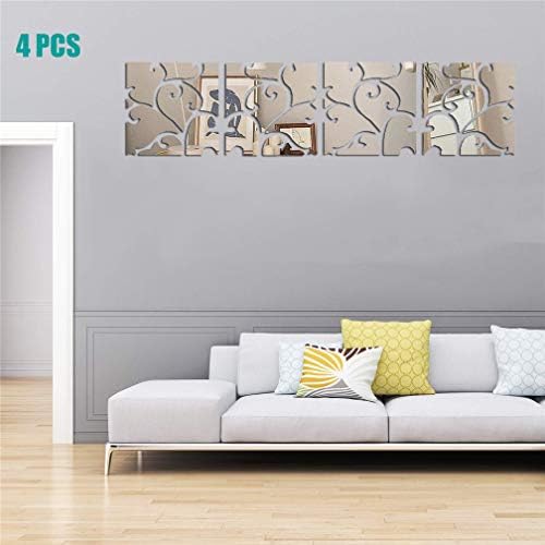 3D Mirror Wall Stickers, 4 Pcs Acrylic Square Geometric Pattern DIY Art Decals, Self Adhesive Mirror Plastic Wall Sheet Tiles Home Decoration for Living Room Bedroom Stair Wall Decor (Floral- 4pcs) - Image 4