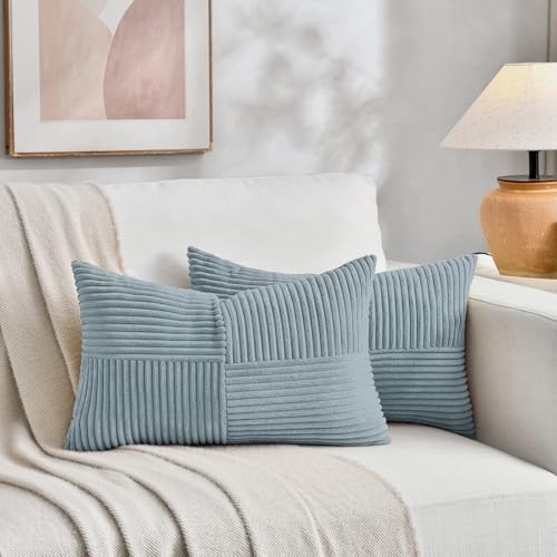 Fancy Homi Set of 2 Light Blue Lumbar Decorative Throw Pillow Covers 12x20 Inch for Living Room Bedroom Couch Bed Sofa, Soft Striped Corduroy Coastal Blue Rectangle Accent Cushion Case 30x50 cm - Image 5