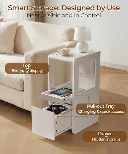 White Narrow Side Table, Slim End Table with Charging Station - Image 5