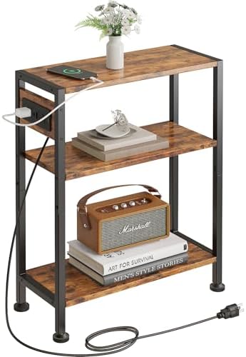 End Table with Charging Station, 3-Tier Side Table for Small Space, Skinny Nightstand with USB/Type C Port and 2 Outlets, Slim Beside Table for Living Room, Bedroom, Balcony, Rustic Brown by VANTIMO